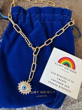 Kurt Geiger Gold-Tone Chain Necklace with Blue Evil Eye Charm NEW WITH BAG